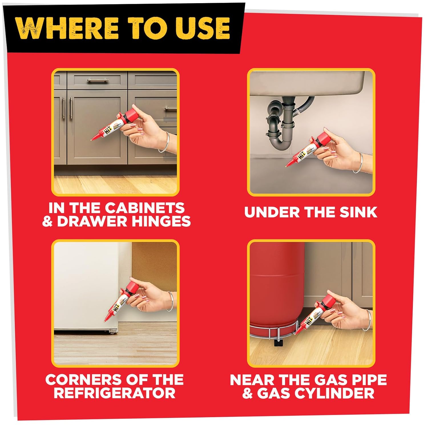 Applying cockroach killer gel behind kitchen cabinet in Pakistan